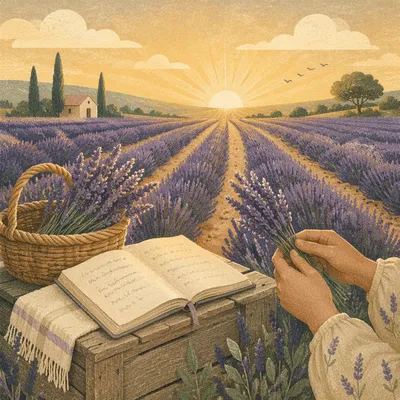 Lavender Field at Sunrise with Basket