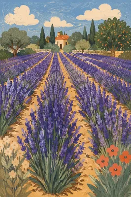 Sunlit Lavender Rows in Summer Garden