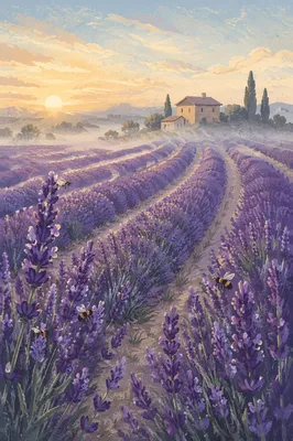 Sunrise Lavender Field with Distant Farmhouse