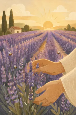 Prayerful Hands in Lavender Sunrise Field