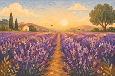 Golden Hour Lavender Rows in Bloom