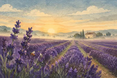 Sunrise Lavender Field with Distant Farmhouse