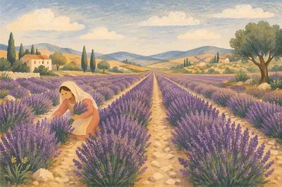 Sunlit Lavender Field Rows at Dusk