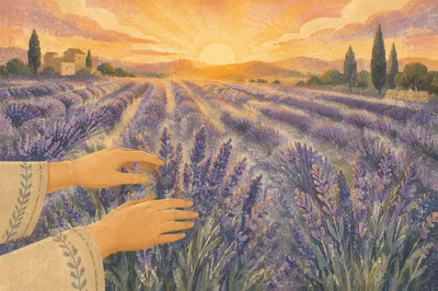 Hands Over Dewy Lavender Field