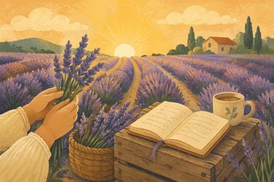 Lavender Field at Sunrise With Basket