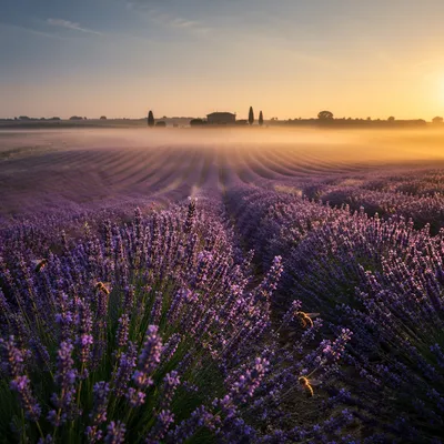 Sunrise Lavender Field with Distant Farmhouse