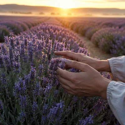 Hands Brushing Lavender Rows at Sunrise