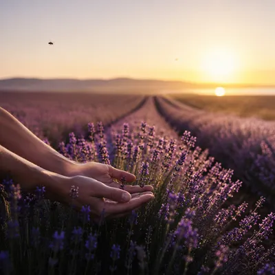 Prayerful Hands in Dawn Lavender Field