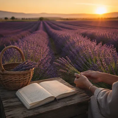 Lavender Field at Sunrise with Basket