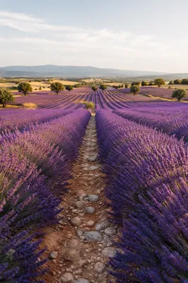 Sunlit Lavender Field Rows at Sunset