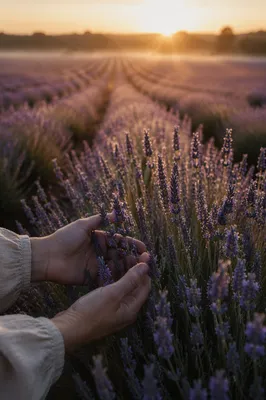 Hands Brushing Dewy Lavender at Sunrise