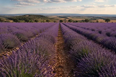 Sunlit Lavender Field Rows at Sunset