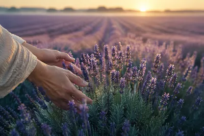 Hands Brushing Dewy Lavender at Sunrise