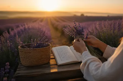 Lavender Field at Sunrise with Basket