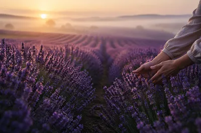 Hands Brushing Lavender Rows at Dawn