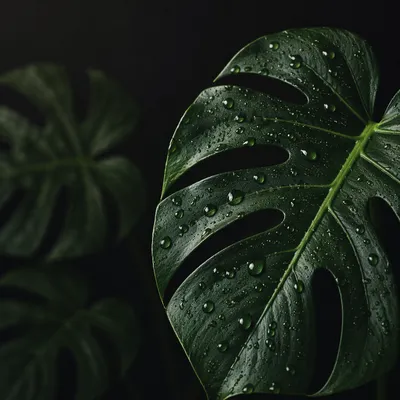 Moody Tropical Monstera Leaf with Water Droplets