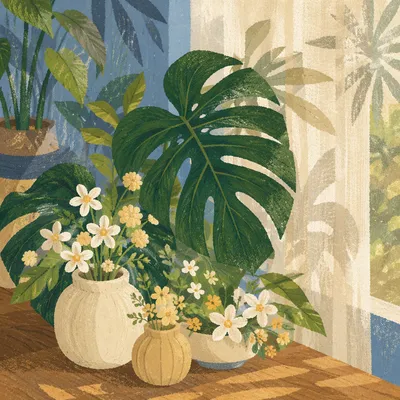 Monstera and White Flowers in Sunroom
