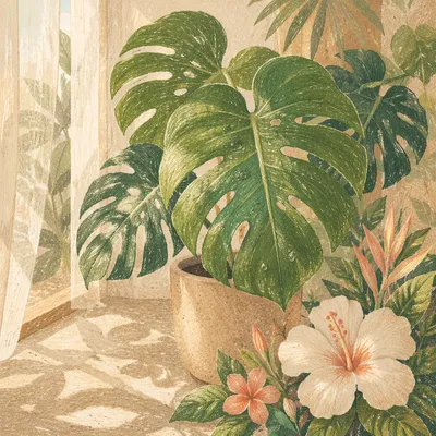 Sunlit Monstera and Tropical Flowers Still Life