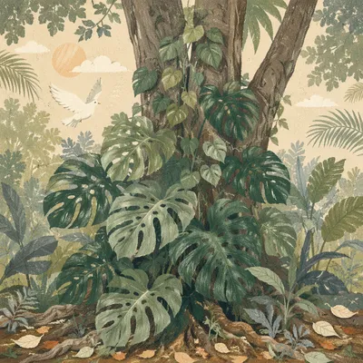 Peaceful Monstera Leaves Around Garden Tree