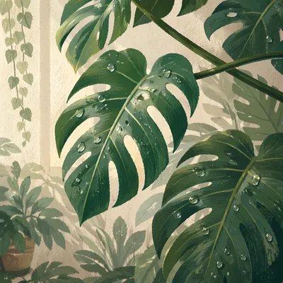 Tropical Monstera Leaves in Morning Greenhouse