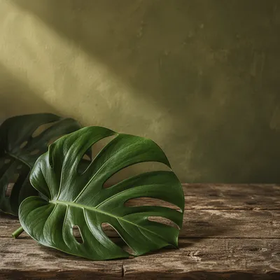Glossy Monstera Leaf on Rustic Wood