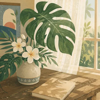 Monstera Leaves and White Flowers by Window