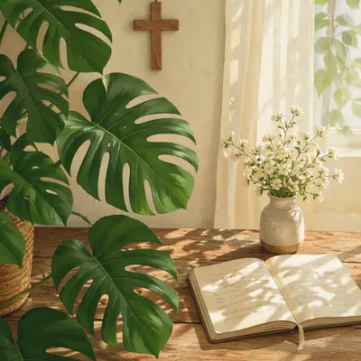 Sunlit Monstera Leaves with Cream Flowers