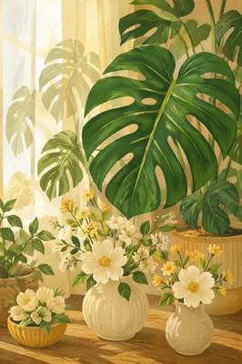 Sunlit Monstera and Delicate Floral Arrangement