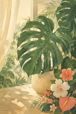Sunlit Monstera and Tropical Flowers Still Life