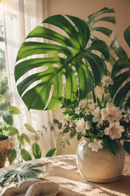 Sunlit Monstera Leaves and Soft Flowers