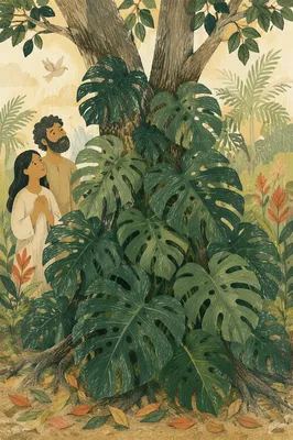 Tropical Monstera Leaves Around Garden Tree