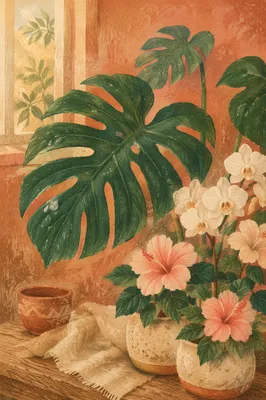 Monstera and Tropical Flowers in Morning Light