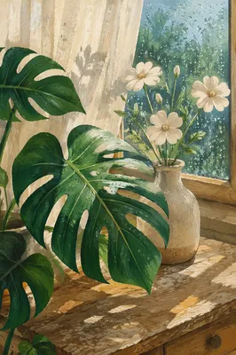 Monstera Leaves with White Flowers by Window
