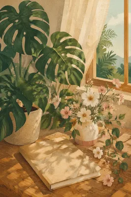 Monstera and Blush Flowers by Morning Window