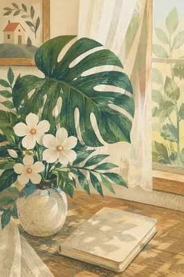 Monstera Leaves and White Flowers by Window