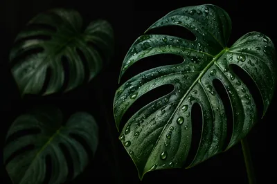 Dewy Monstera Leaf on Dark Background