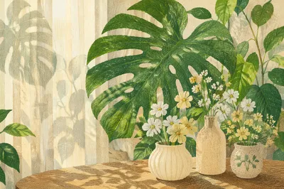 Sunlit Monstera and Flowers in Sunroom