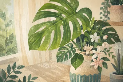Sunlit Monstera Leaves and Soft Flowers