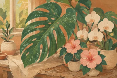 Tropical Monstera and Soft Floral Still Life
