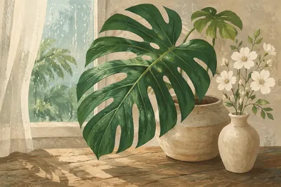 Monstera Leaves with White Flowers