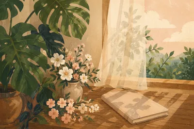 Monstera Leaves and Soft Morning Flowers