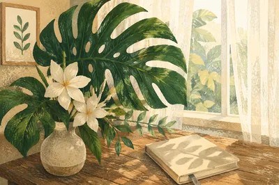 Monstera Leaves and White Flowers by Window