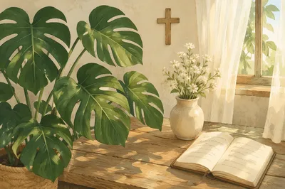Sunlit Monstera Leaves and Prayer Flowers