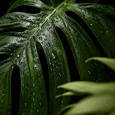 Dewy Monstera Leaf on Black Background