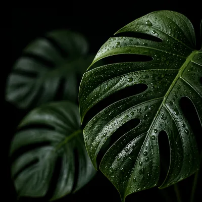 Dewy Tropical Monstera Leaf Close Up