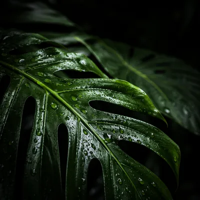 Glossy Monstera Leaf With Rainforest Droplets