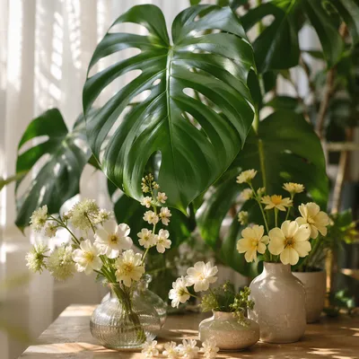 Monstera Leaves and Flowers in Sunroom