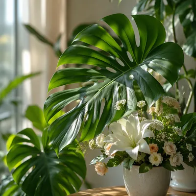 Sunlit Monstera Leaves and Soft Flowers