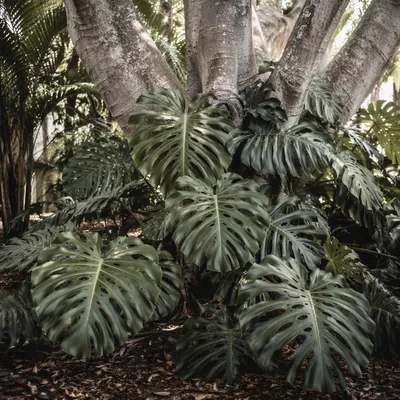 Peaceful Monstera Leaves Around Garden Tree