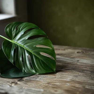 Glossy Monstera Leaf on Weathered Wood